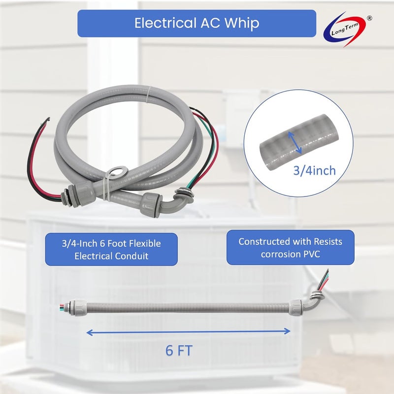 long term Electrical AC Whip Assembly -3/4" x 6ft Non-Metallic Liquid Tight Electrical Conduit and 8 Gauge Wire A/C Hook-up Whip Kit - Image 2